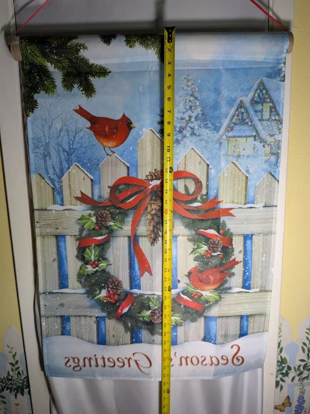VTG Vigor Season's Greetings Christmas Garden Flag Cardinal Wreath Bow Banner